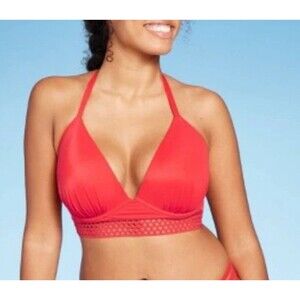 Women's Elastic Trim Triangle Bikini Top Shade & Shore Red size 38D Halter New